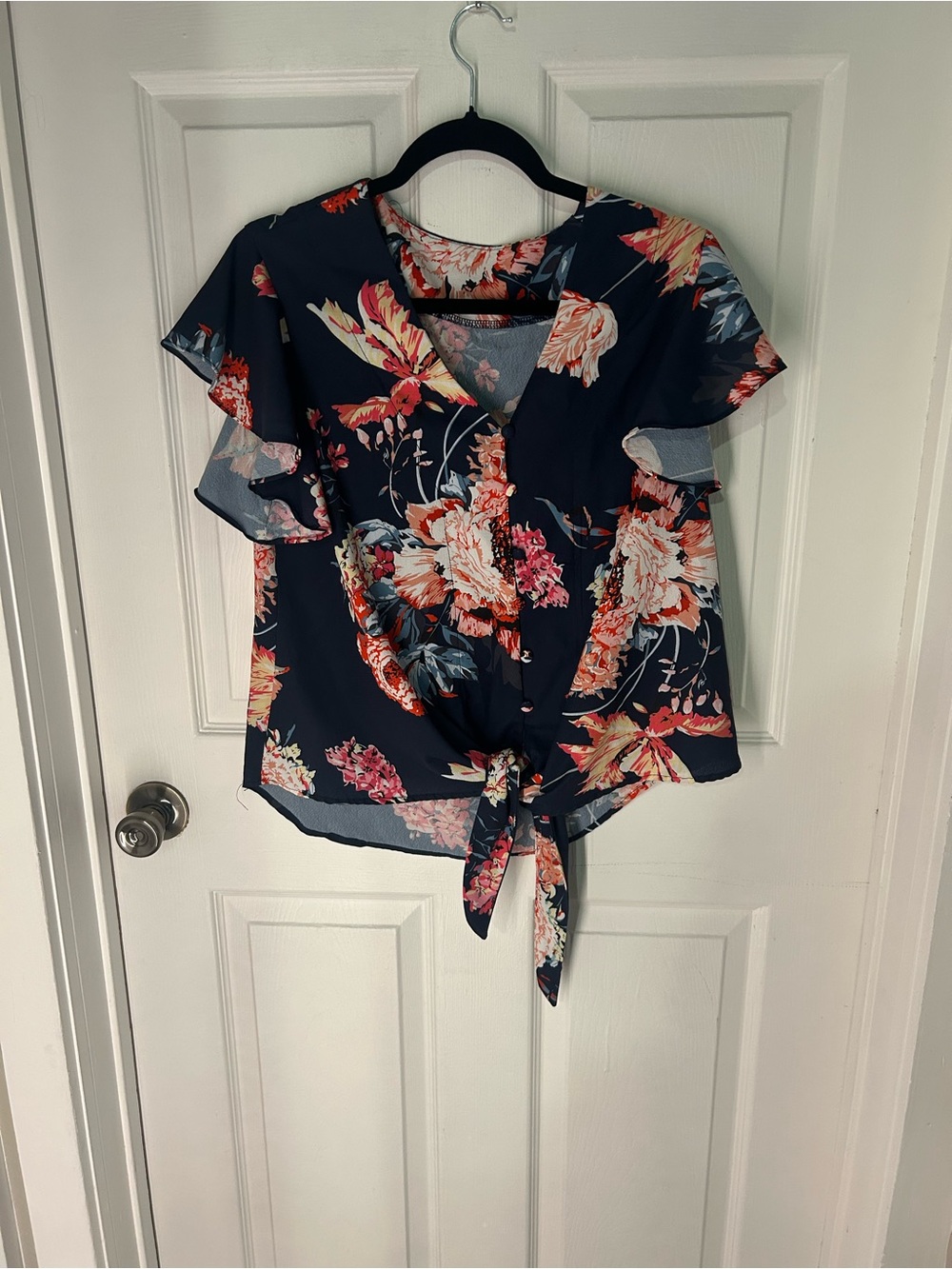 Navy Floral Tie-Front Ruffle Sleeve Blouse